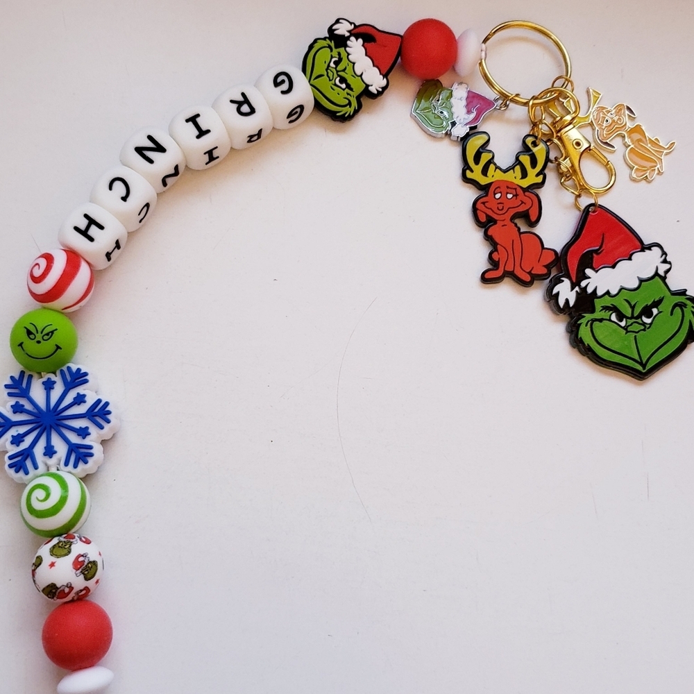 Handmade Long Glow in Dark Holiday Grinch Max Silicone Focal Bead Keychain - Picture 2 of 10